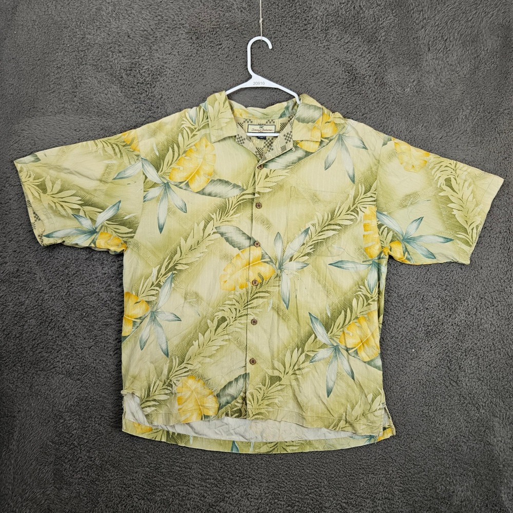 Tommy Bahama Mens XL Silk Hawaiian Shirt Yellow Floral Pontiac Sleeve Logo
